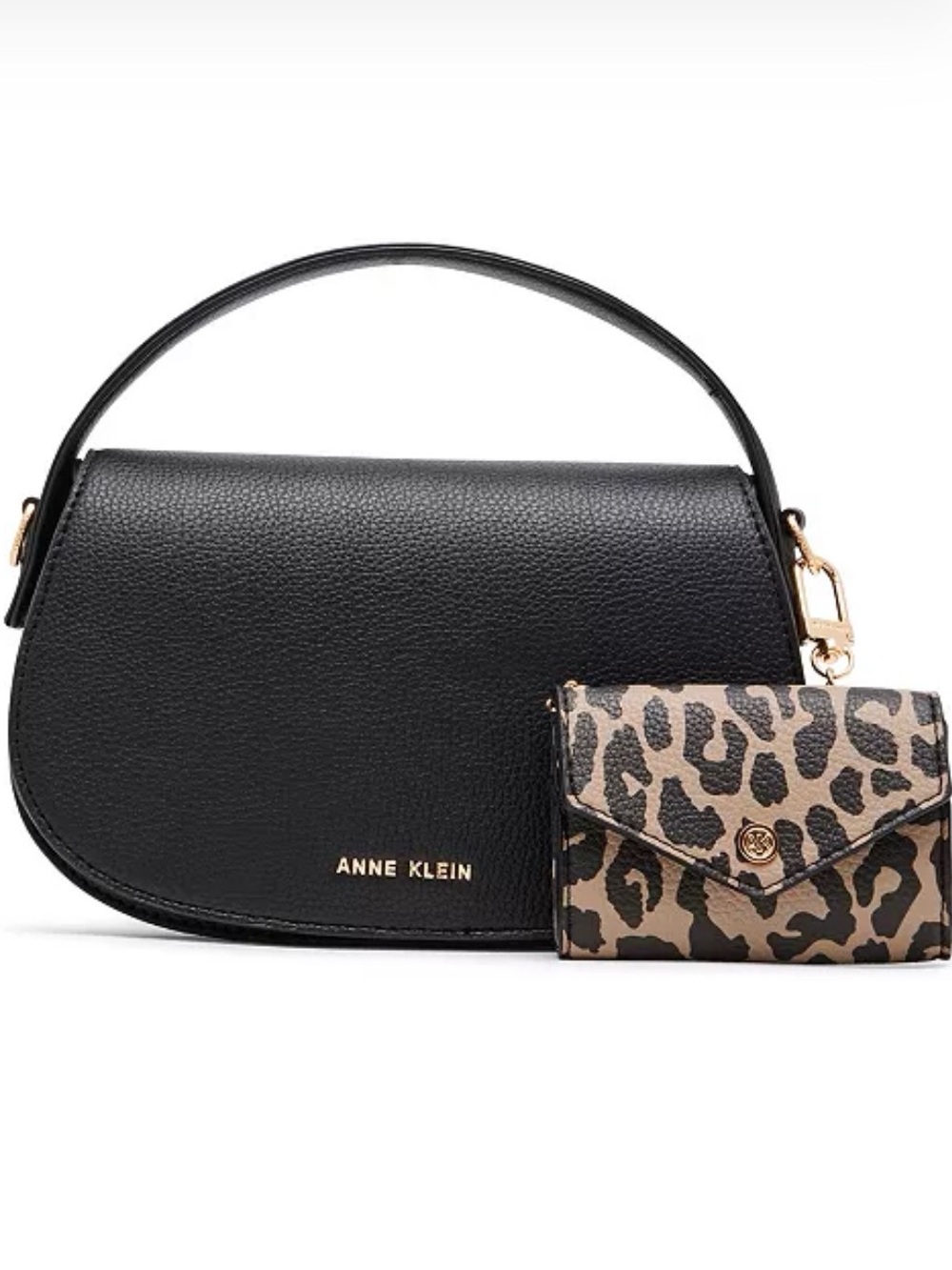 Anne Klein Black Pebbled Saddle Shoulder Bag with Leopard Card Case